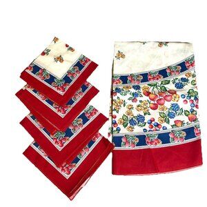Vtg Bardwil Round Tablecloth & Napkin Set Fruit Strawberries Cherries Cotton NEW